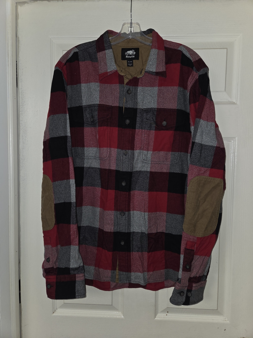 Roots Canada Mens Xl Red & Gray Buffalo Plaid Flannel Button-Up Shirt